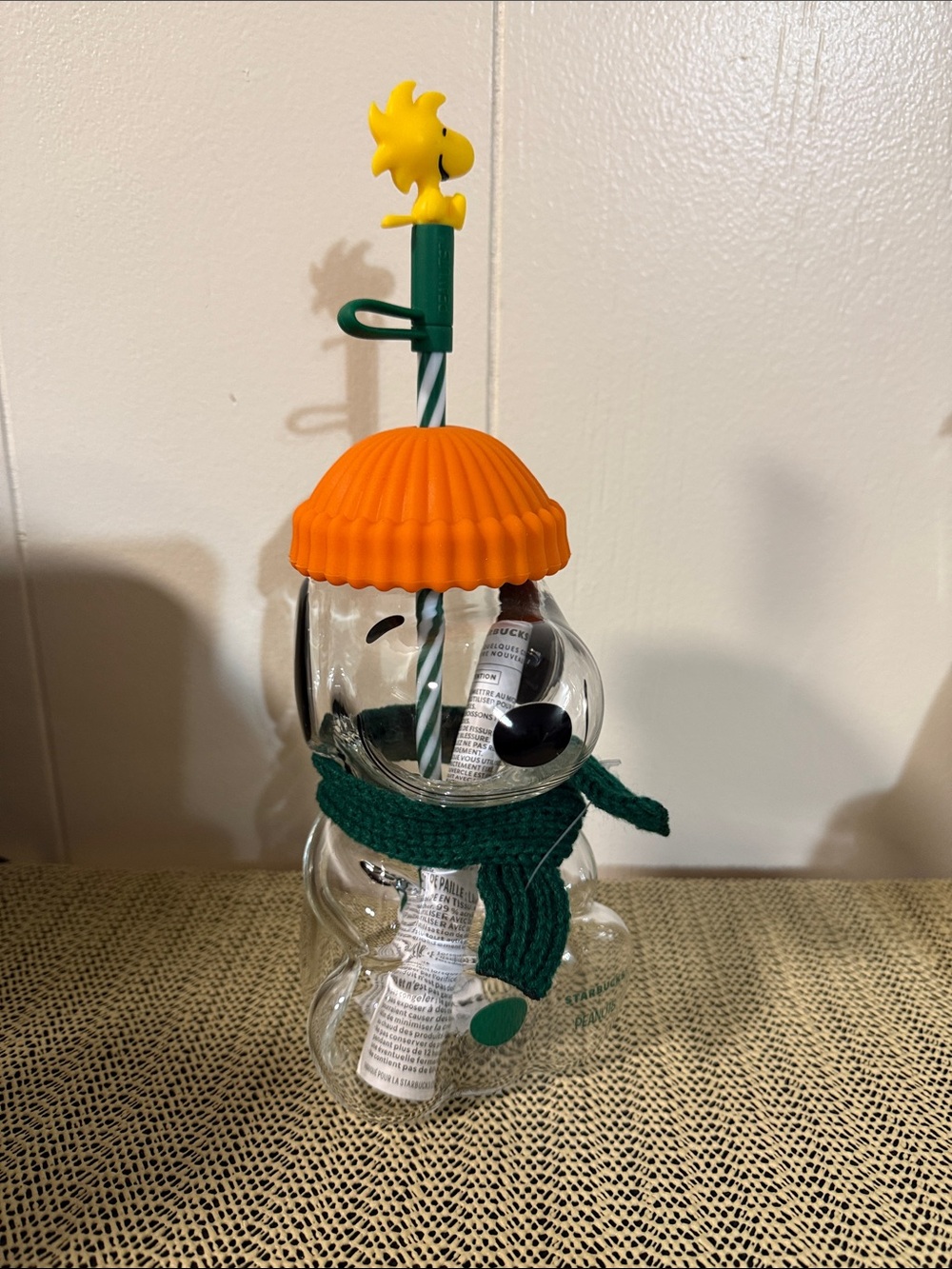 Starbucks Clear Snowman Vase with Orange Hat and Green Scarf